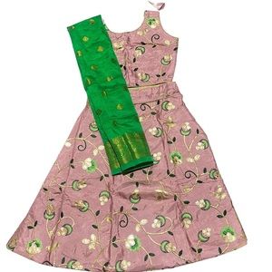 This young girls three-piece lehenga, handcrafted silk used for special occasion